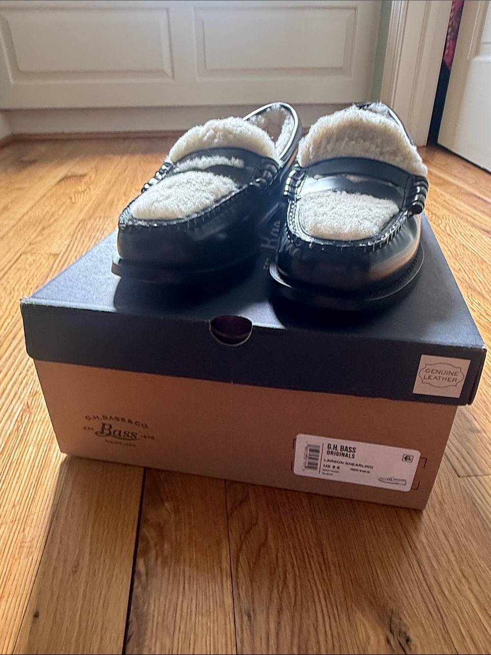 G.H. Bass & Co. Black Leather Loafers with Cream Shearling